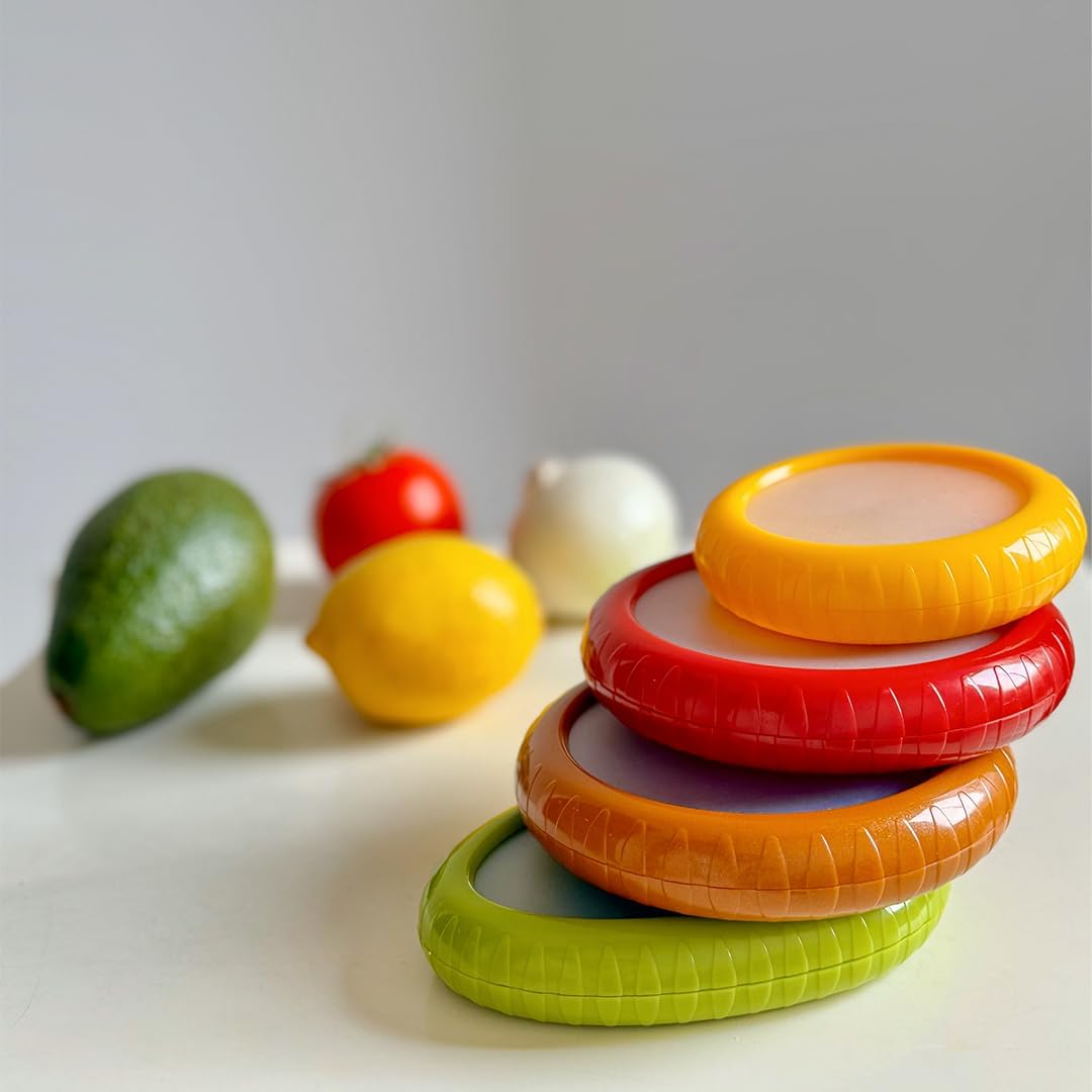 Reusable Silicone Food Savers – 4PCS BPA-Free Fridge Storage Pods for Avocado, Lemon, Onion & Tomato – Eco-Friendly Fruit & Vegetable Keepers for Freshness & Waste Reduction