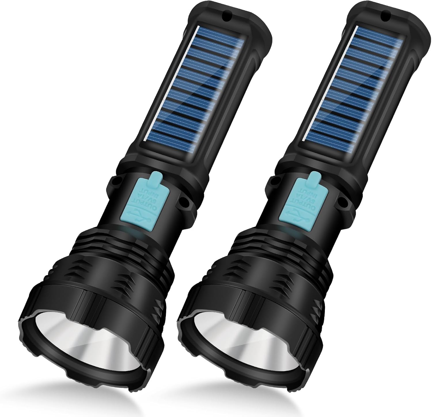 Led Solar Flashlight, 1500 Lumens Led Solar Handheld Rechargeable Flashlights with IP65 Waterproof, 2000mAh Battery for Survival Emergencies Camping (2 Packs)