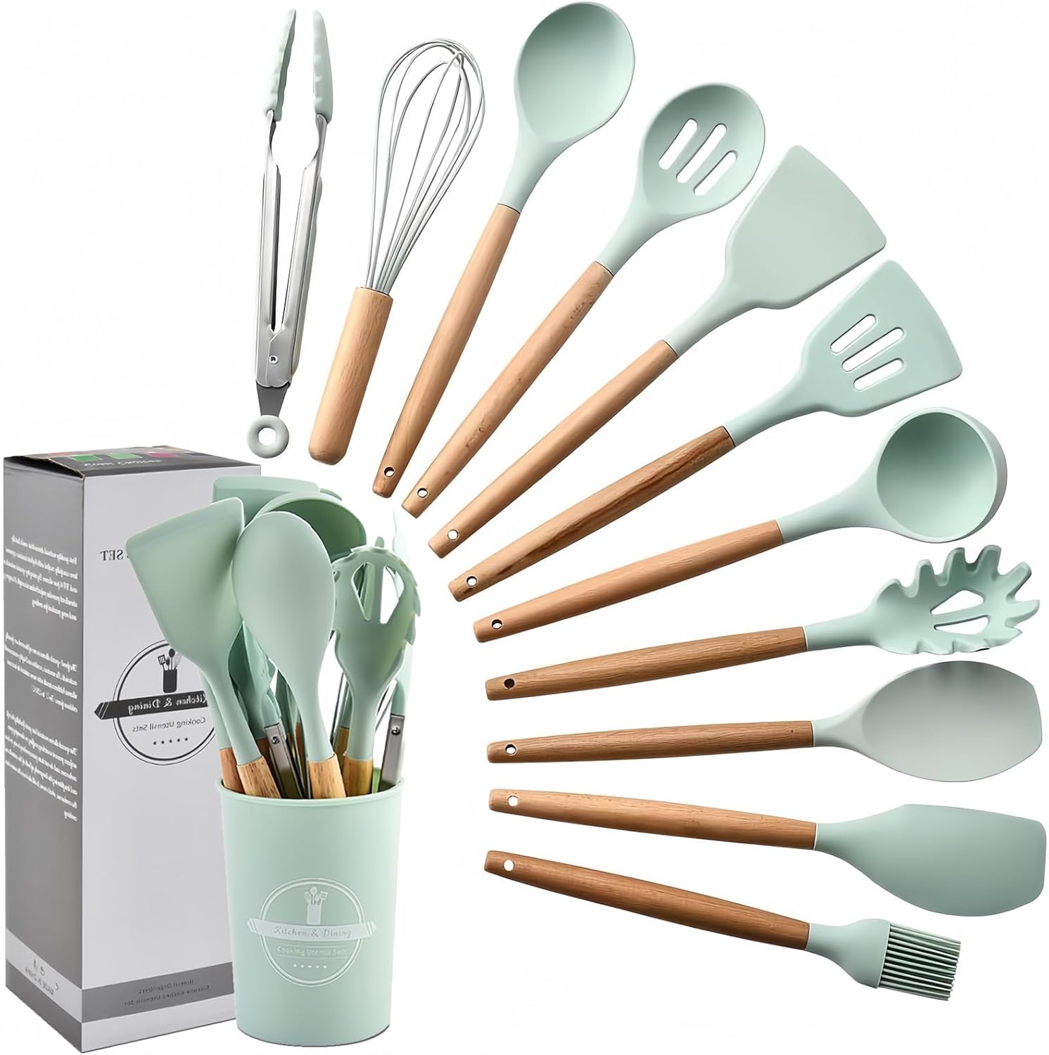 Silicone Cooking Utensils Set for Kitchen, 12 pcs Non-Stick Silicone Cooking Tool with Wooden Handle, BPA Free Kitchen Utensils Spatula Set with Holder, Heat Resistant Kitchen Gadget