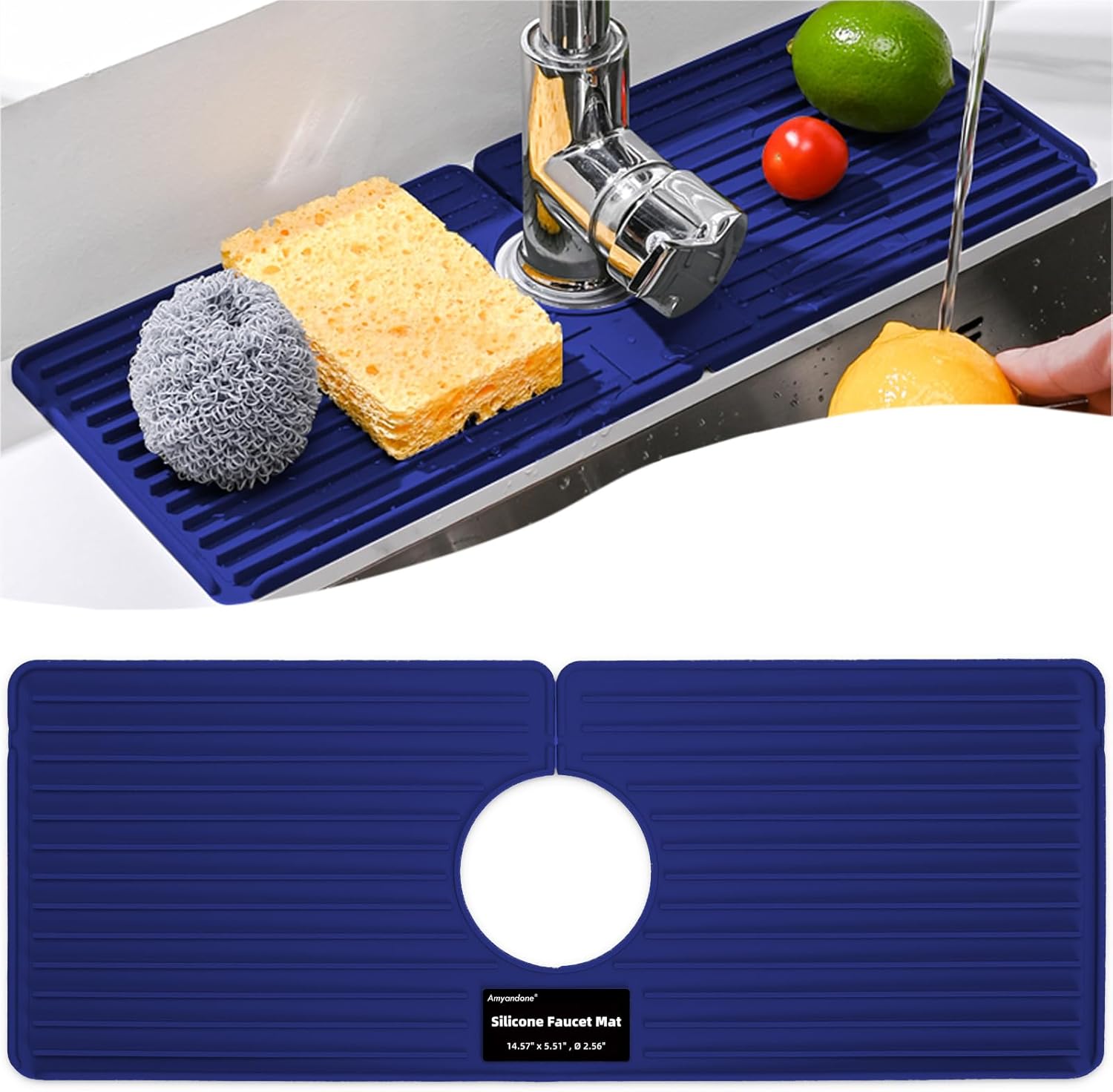 Faucet Mat for Kitchen Sink, Silicone Faucet Handle Drip Catcher Tray, Drying Mat as Sponge and Soap Holder with Lateral Inflow for Kitchen Bathroom Farmhouse & RV Sink Accessories (Blue)