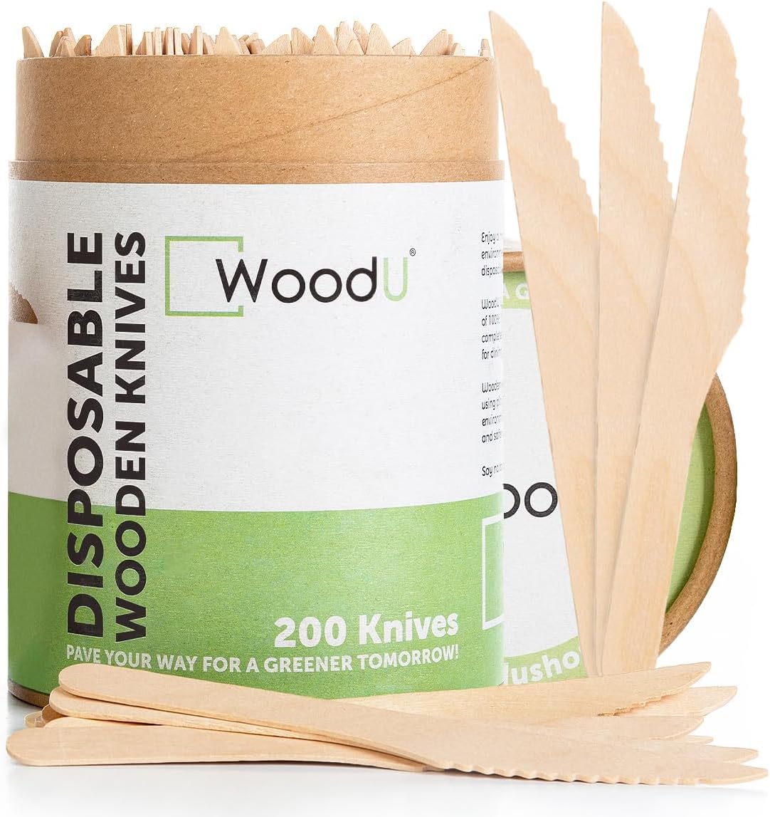 WoodU Disposable Wooden Knives 100% All-Natural, Eco-Friendly, Biodegradable, and Compostable - Pack of 200-6.5