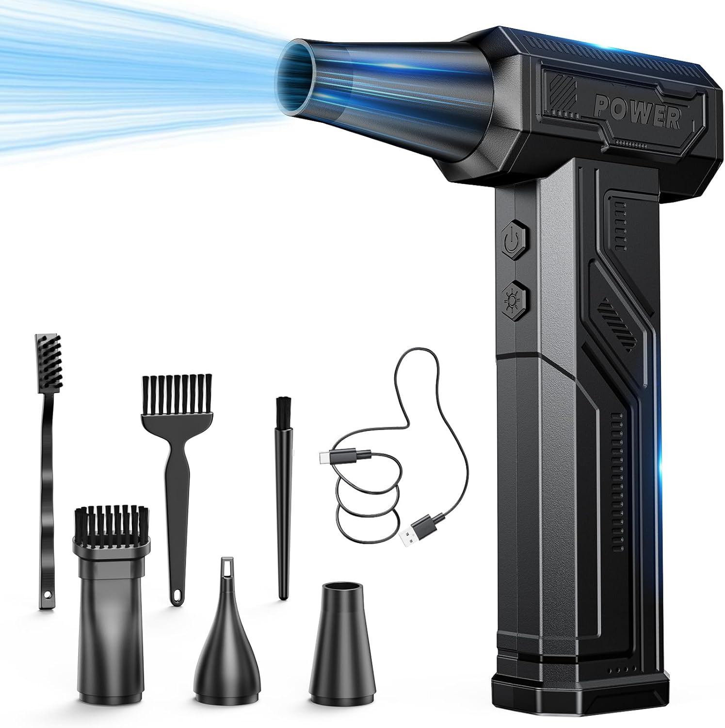 Electric Air Duster, 300000RPM 4-Gear Adjustable Compressed Air Duster with Light, Rechargeable Brushless Motor Air Blower for Keyboard, PC, Car, and Home Cleaning Reusable Replaces Compressed Air Can