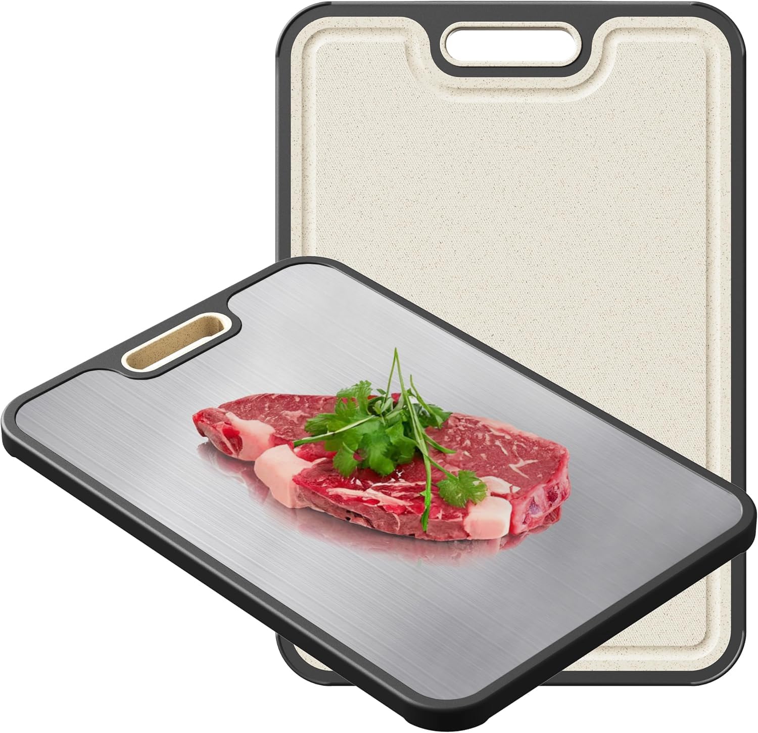 Cutting Board Double Sided,Food Grade Cutting Boards for Kitchen,Stainless and Wheat Straw PP Chopping Board,Non slip Easy to Clean Stainless Steel Cutting Board,Dishwasher Safe,Non Toxic (16*11 In)