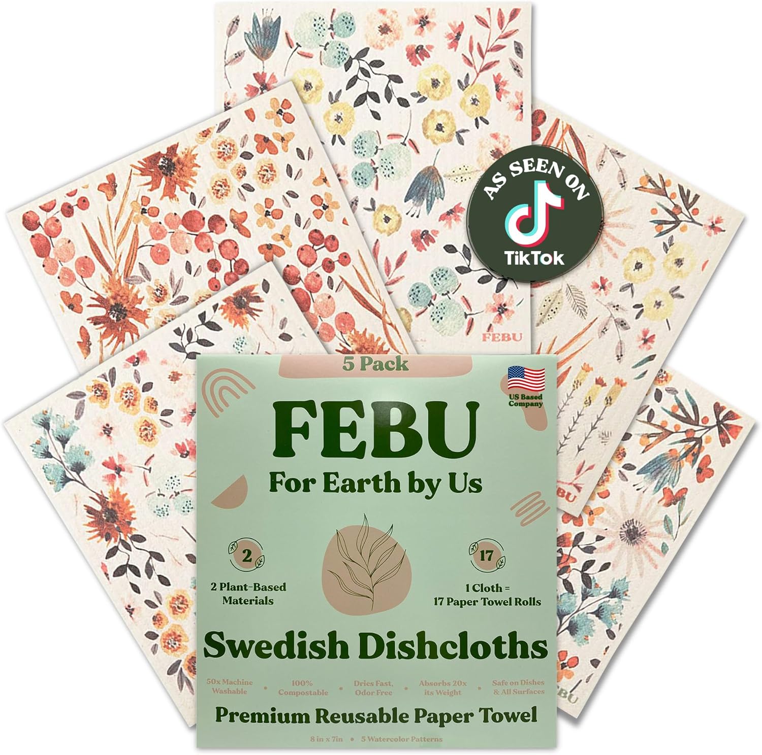 FEBU Swedish Dishcloths for Kitchen | 5 Pack Watercolor Reusable Paper Towels Washable | Swedish Dish Towels | Non-Scratch Cellulose Sponge Cloths | No Odor, Biodegradable Cleaning Cloths