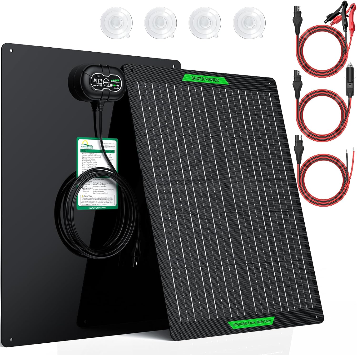 SUNER POWER Waterproof 30W 12V Solar Battery Charger & Maintainer PRO, Built-in UltraSmart MPPT Charge Controller, 12 Volt Solar Panel Trickle Charging Kits for Car Automotive Boat Marine RV Trailer