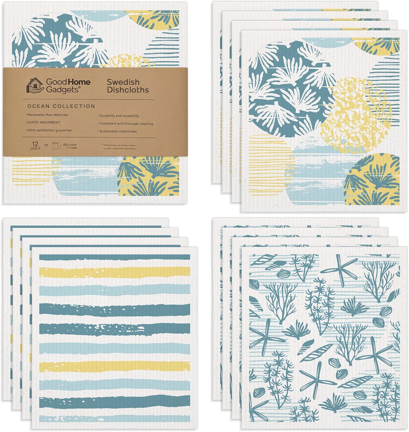 Swedish Dishcloths for Kitchen | 12-Pack Ocean Collection | Absorbent Reusable Swedish Dishcloths, Eco-Friendly Cellulose Sponge Dishtowels